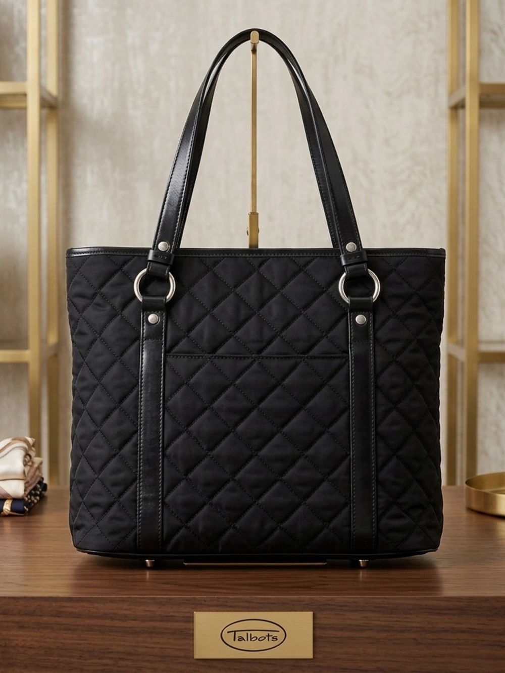 Talbots Black Quilted Nylon Tote Bag Leather Trim Shoulder Bag Vintage Classic